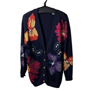 Vintage 80s Embroidered Floral Navy VNeck Knit Cardigan Sweater Medium